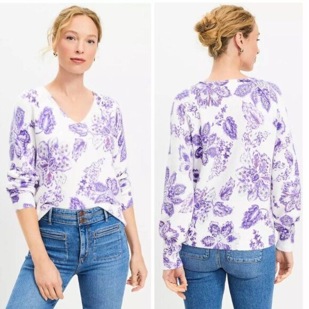 LOFT Purple and White Floral V-Neck Sweater